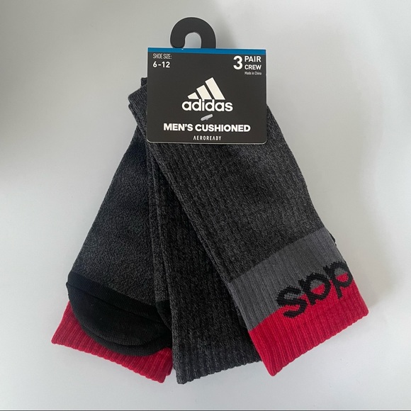 Adidas men’s crew cushioned socks black gray red 3 pack size 6-12 - Picture 2 of 2
